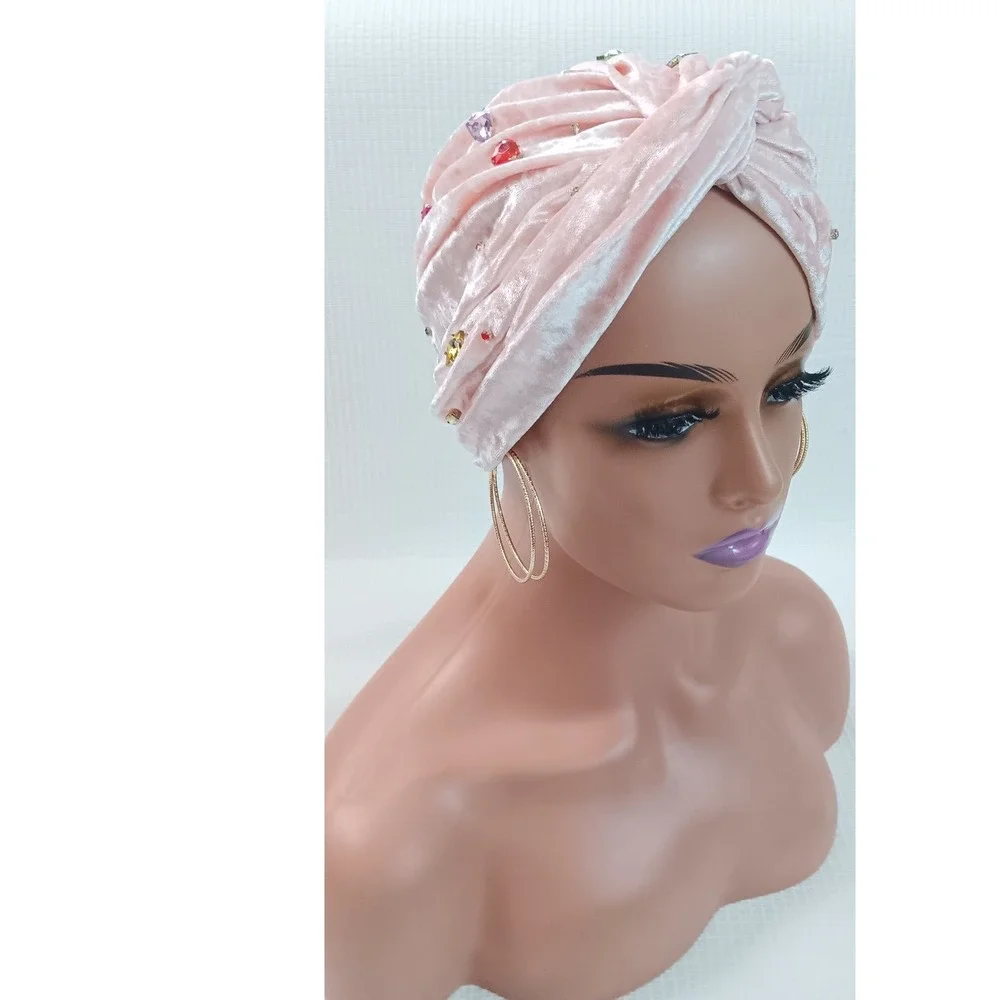 Pink‎ Velvet Rhinestone Turban Head Covering Stretch Velvet Jeweled Hijab Cap
